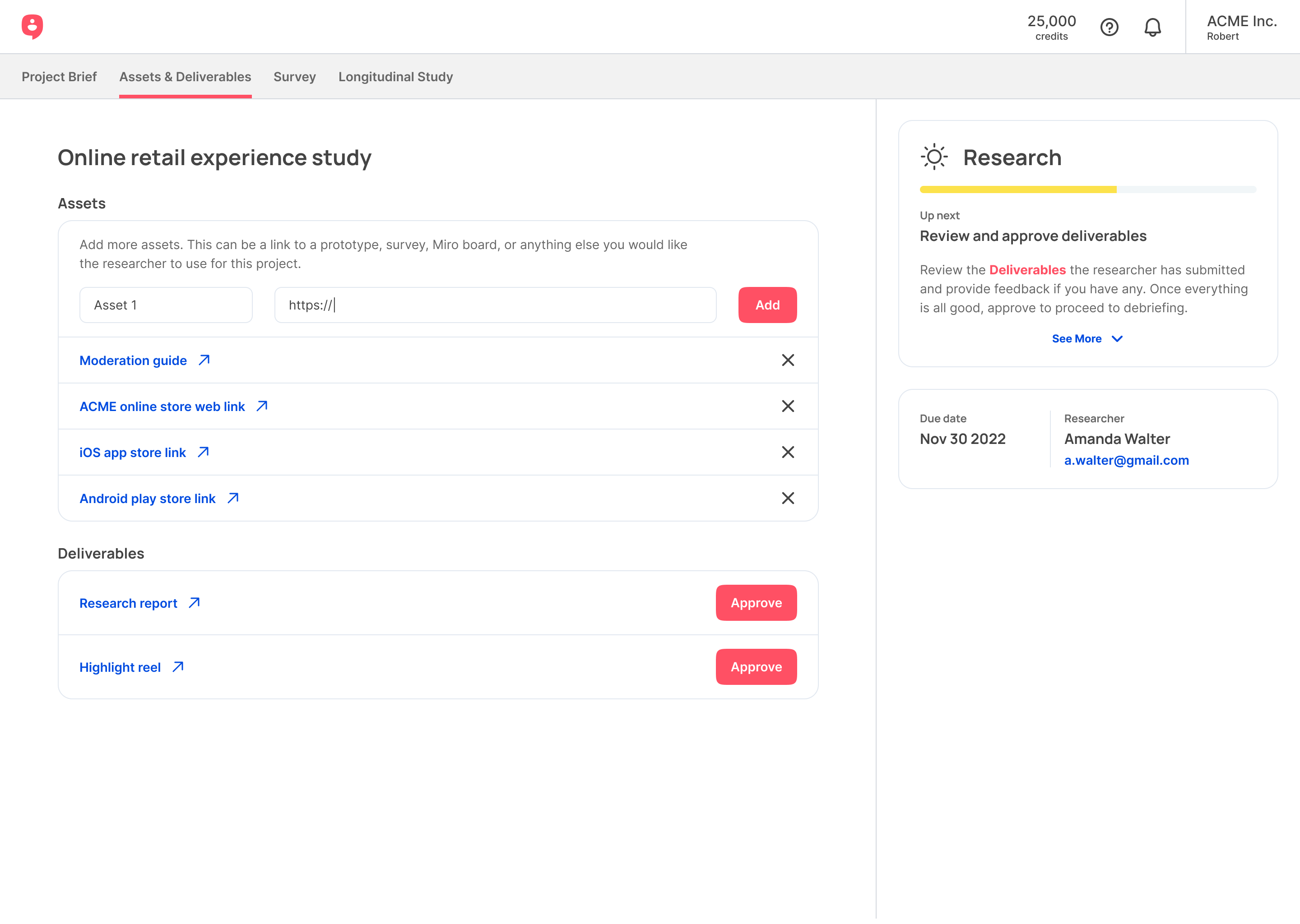 Client view of the project workspace and collaboration actions