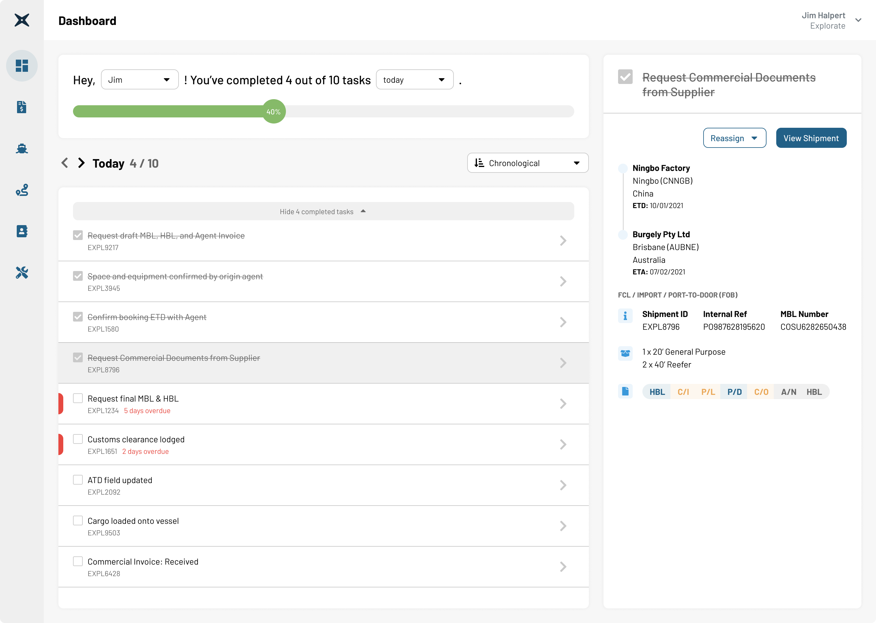 Daily task dashboard with completion progress and a shipment information panel