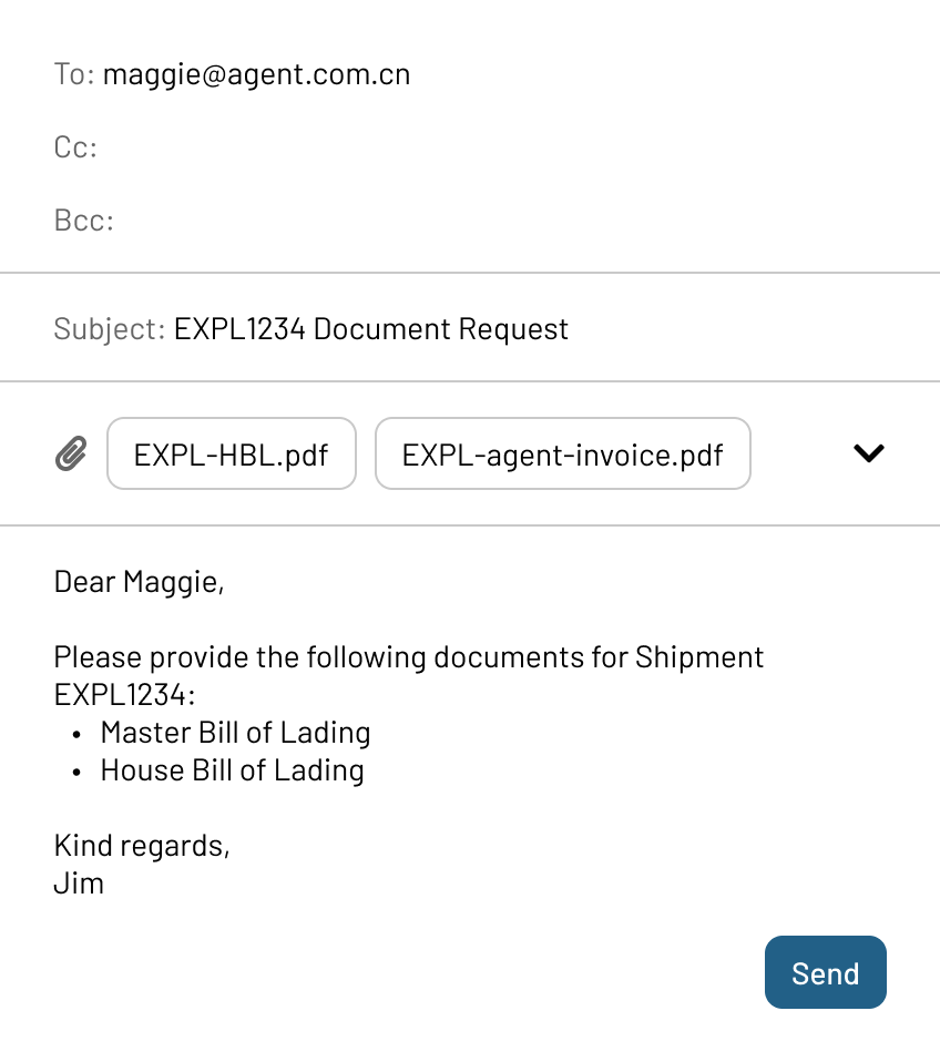 Email composer with recipient, message, and attachment controls