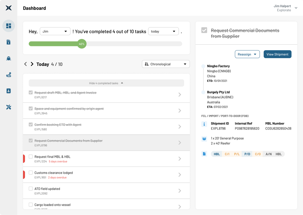 Explorate dashboard with daily tasks and shipment information
