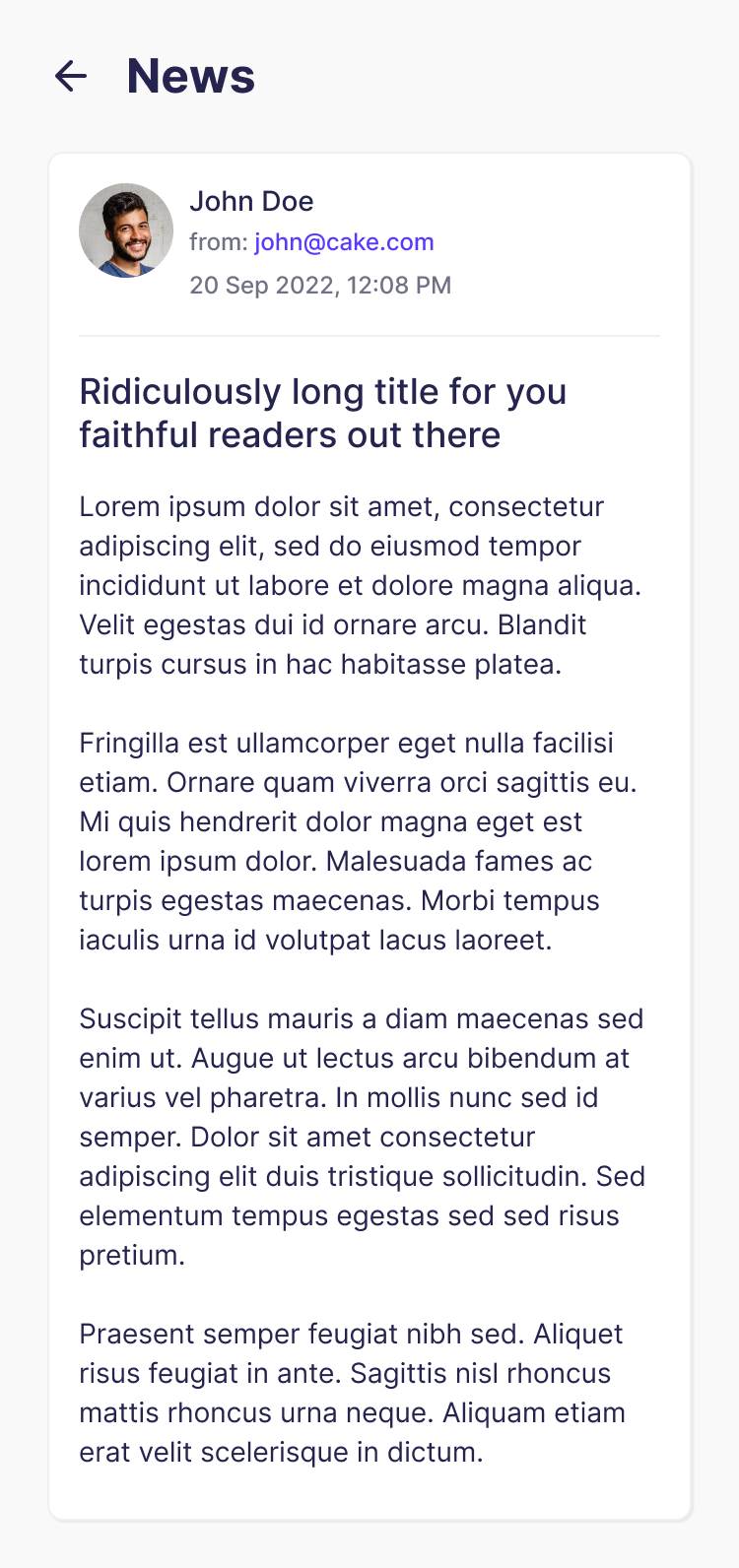 Mobile article view showing an individual company update