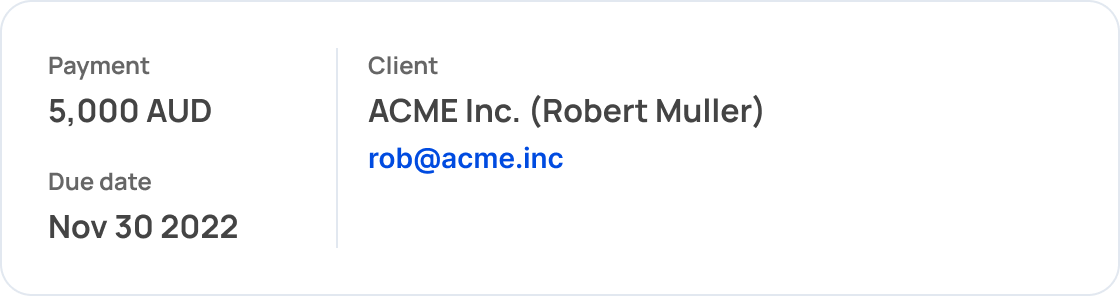 Project payment, due date, and client contact details
