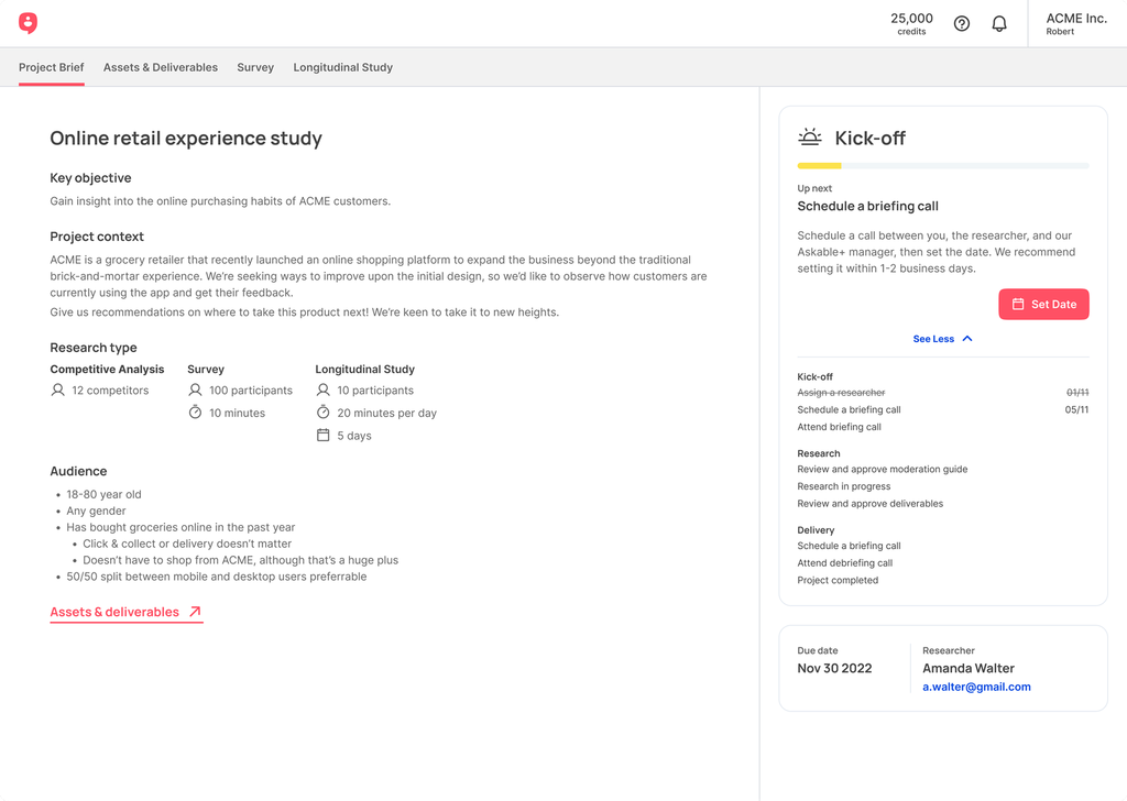 Askable+ project workspace showing research progress and next steps