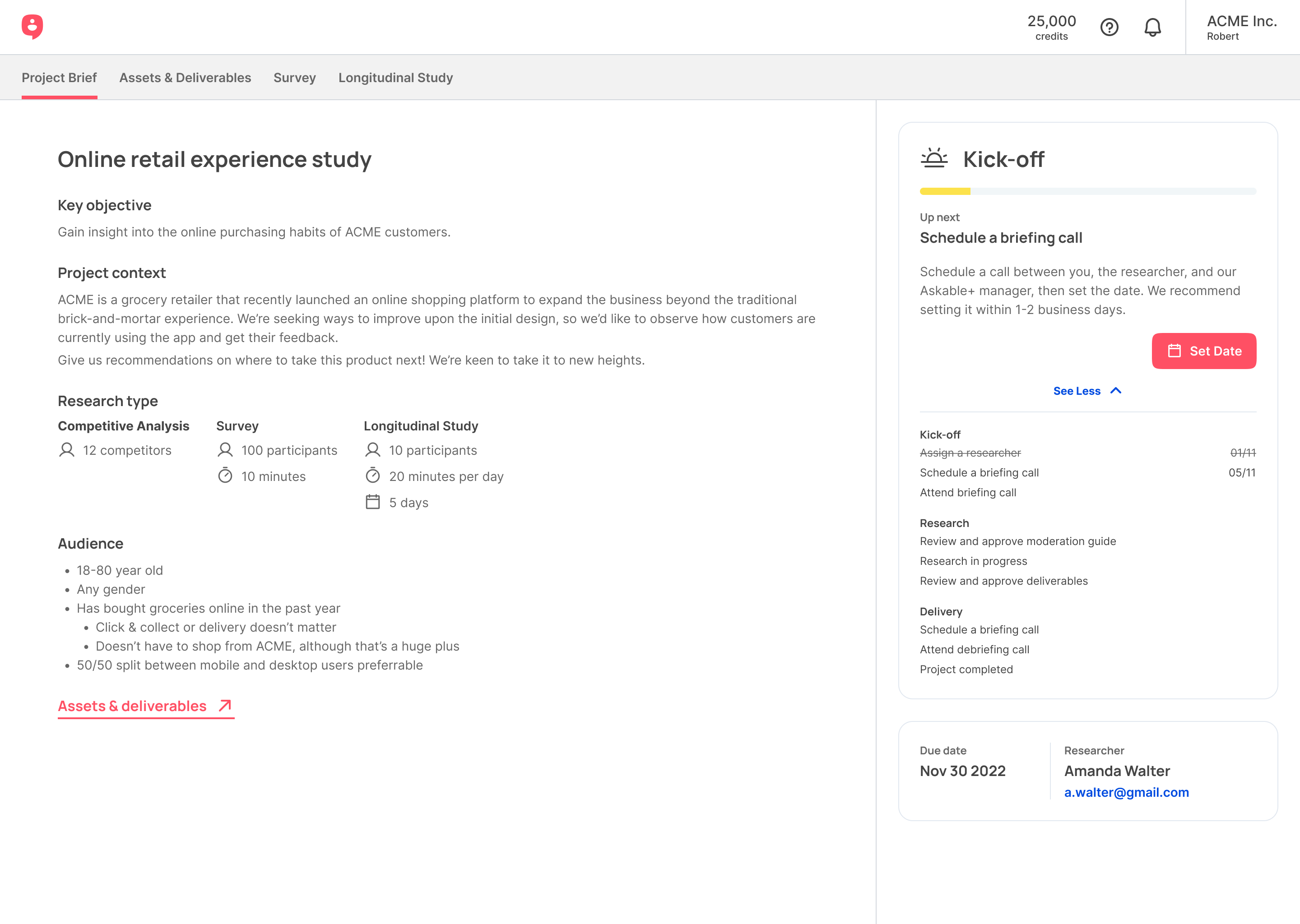 Askable+ workspace with a project timeline, next steps, and project assets