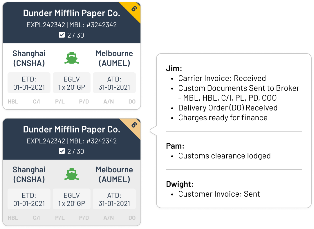 Yellow overdue ribbon and task details revealed on a shipment card