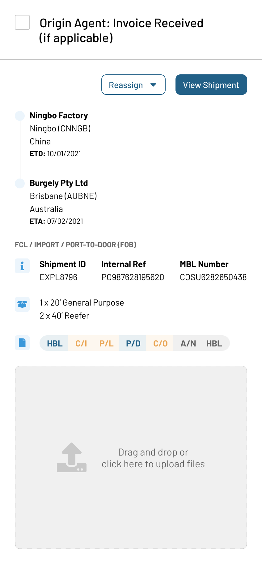 Shipment side panel with task context, vessel details, documents, and an action area