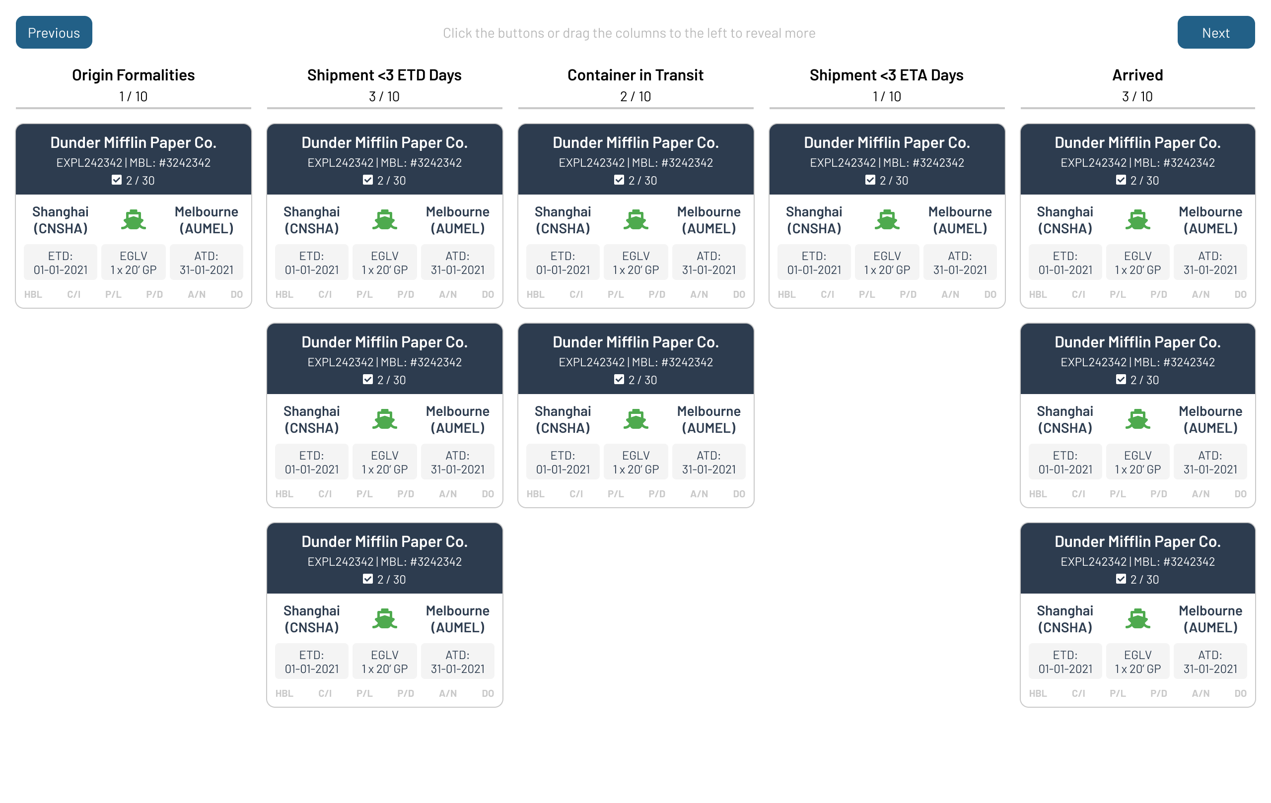 Original kanban board grouping shipments by their current stage