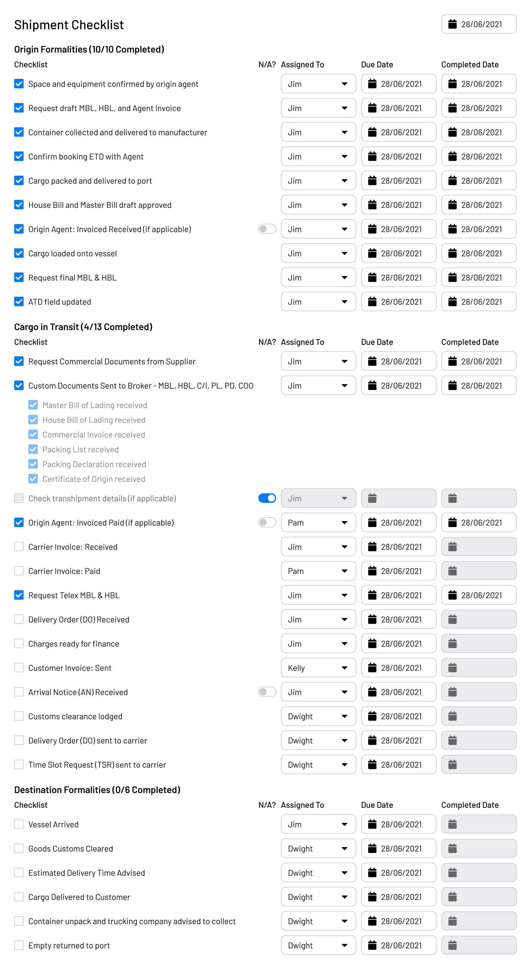 Long shipment checklist with assigned tasks, dates, and completion states