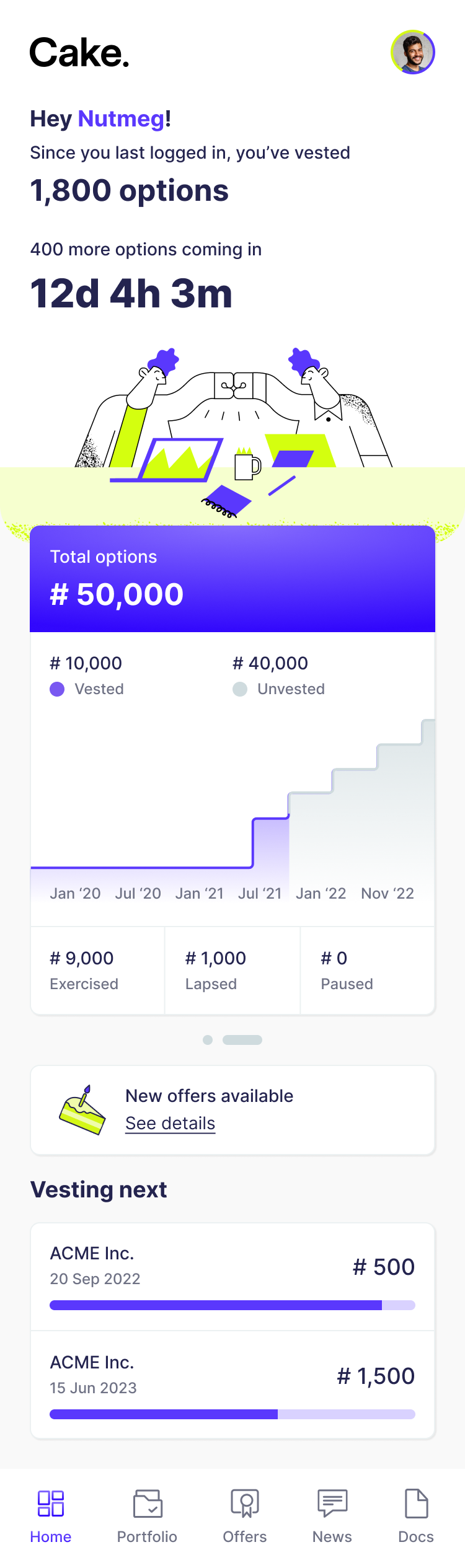 Mobile vesting overview showing recently vested equity