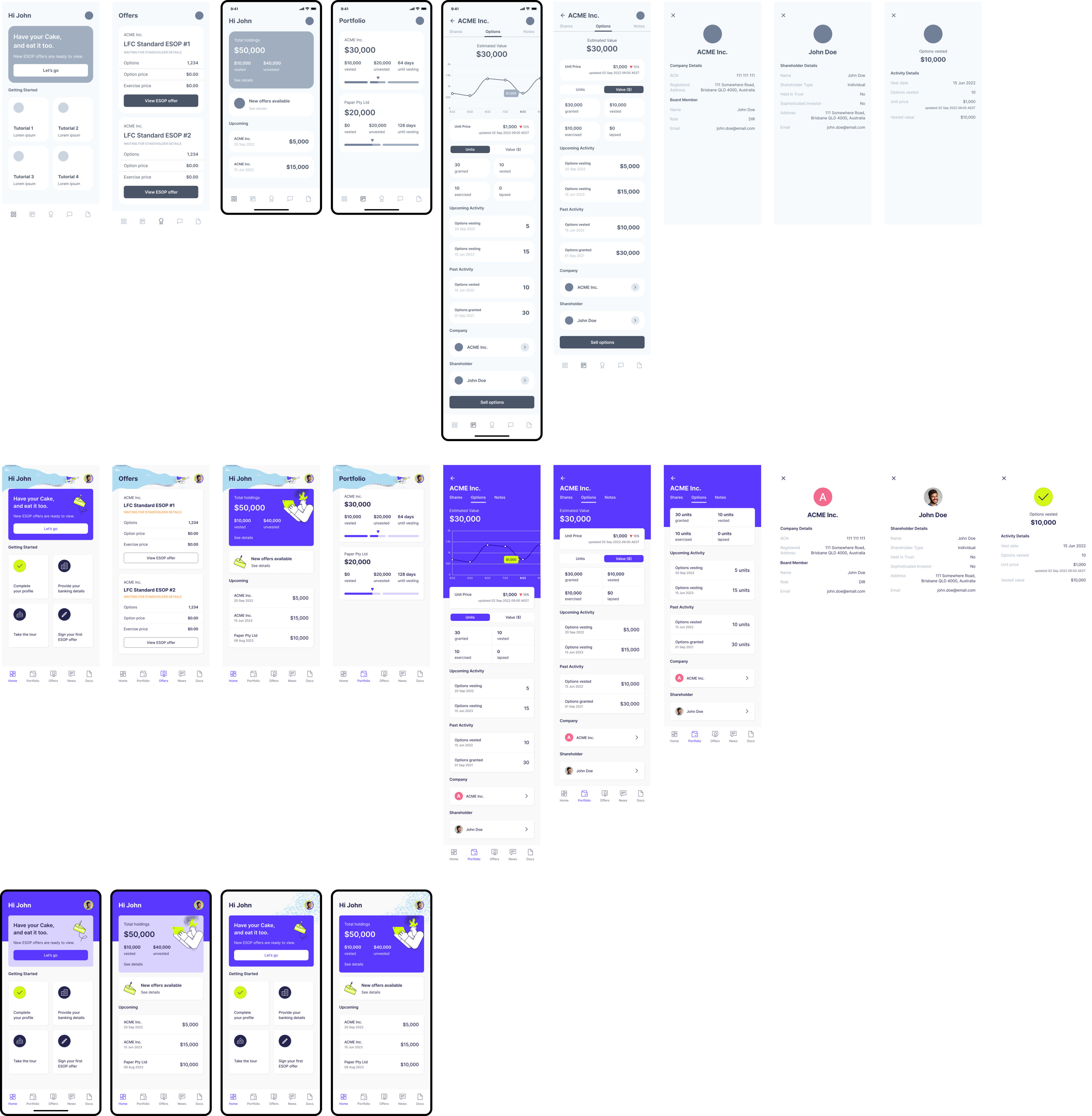 Progression from employee app wireframes to high-fidelity mobile screens covering balances, offers, and vesting